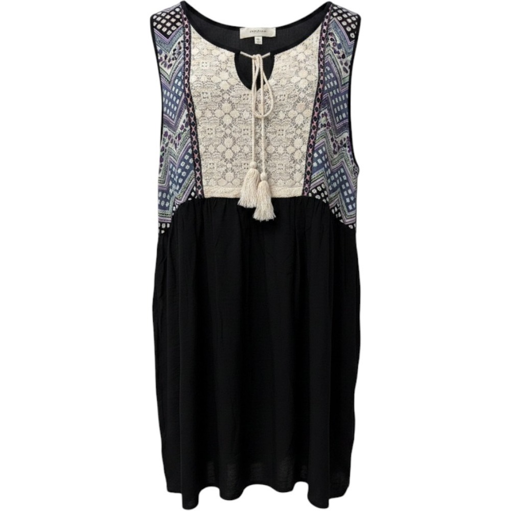 Umgee Sleeveless Tunic Top Medium Black Boho Crochet Lace Embroidered Tassel Tie